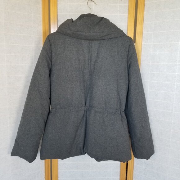 Gray Puffer Winter Coat Size Medium Short Flannel Zip and Snap Cinched Waist - Picture 11 of 12